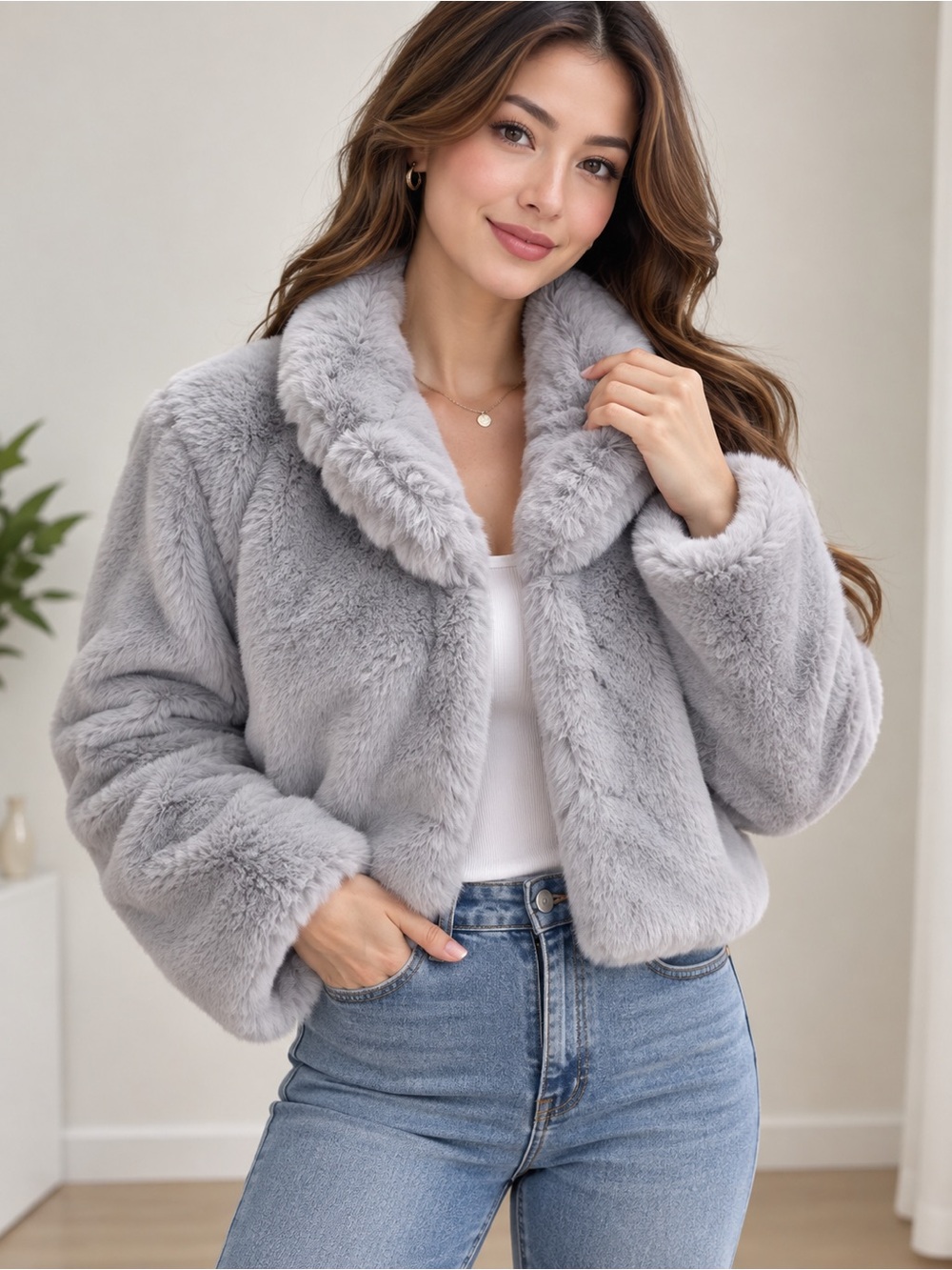 Plush Faux Fur Cropped Jacket - Light Gray
